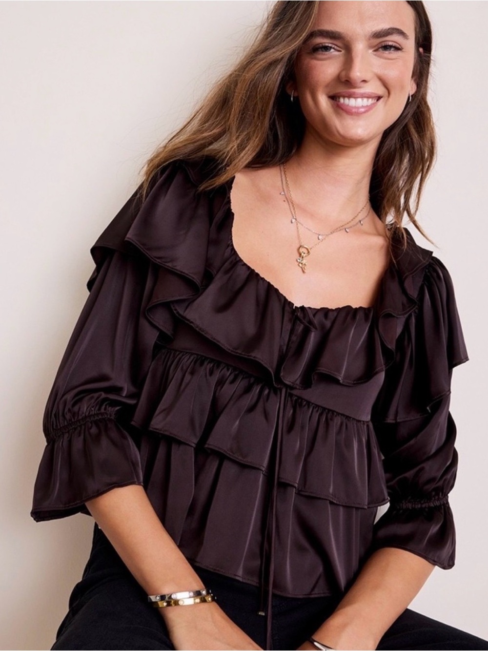 Francesca's Collections Brown Ruffle Satin Blouse